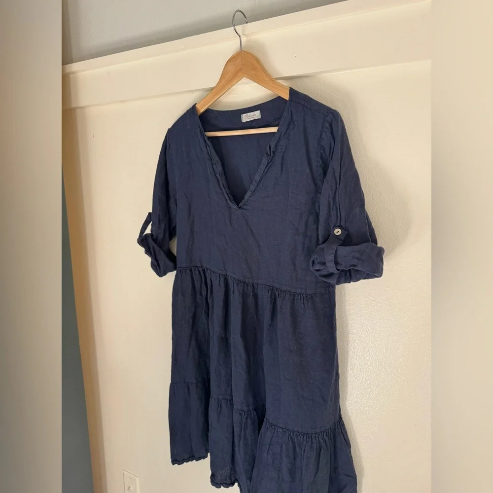 Bellamie 100% Linen Navy Blue Tiered Babydoll Shift Dress Roll Tab Sleeves M